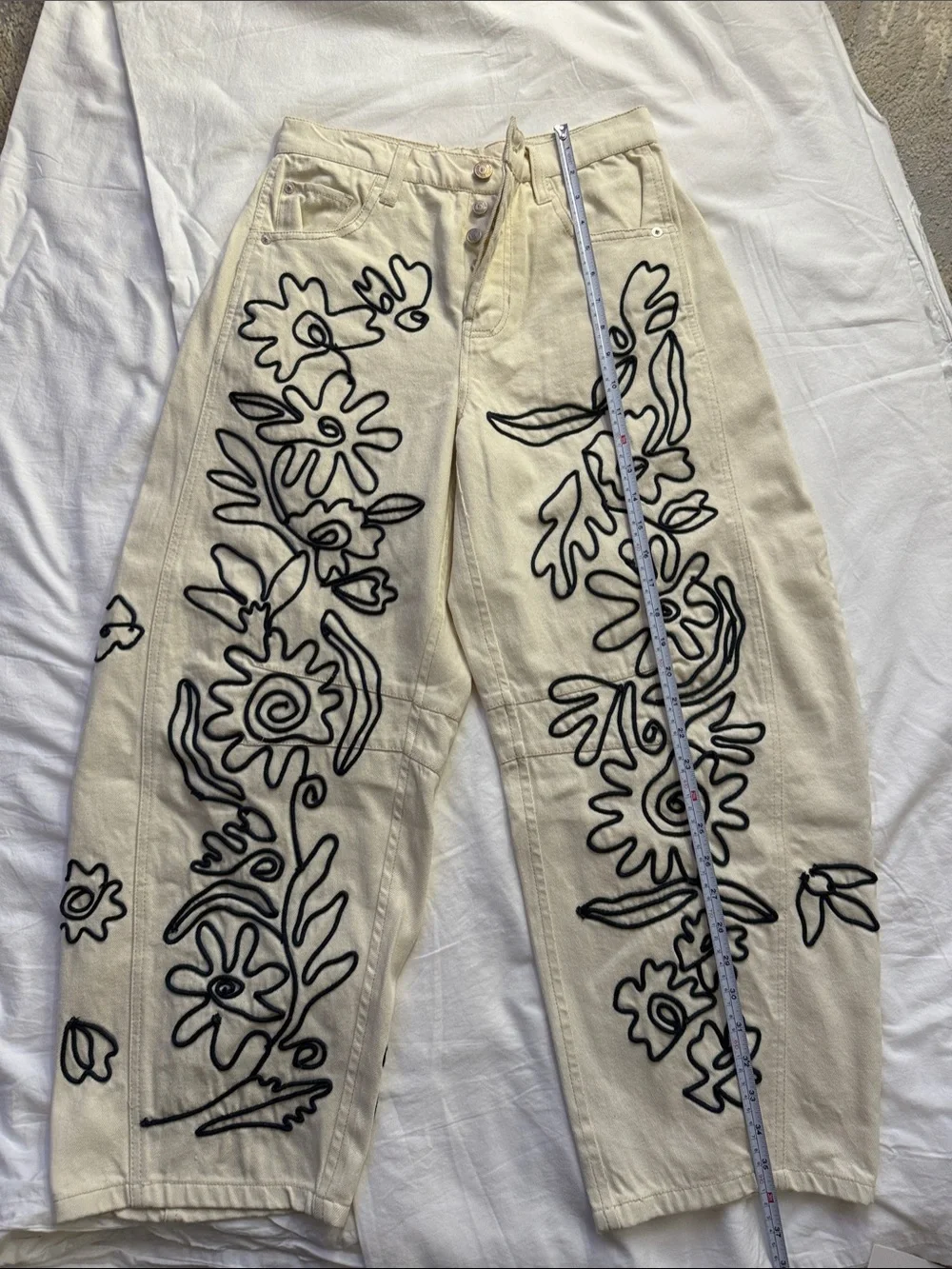 We The Free Cream Jeans with Black Floral Outline Embroidery - Picture 1 of 16